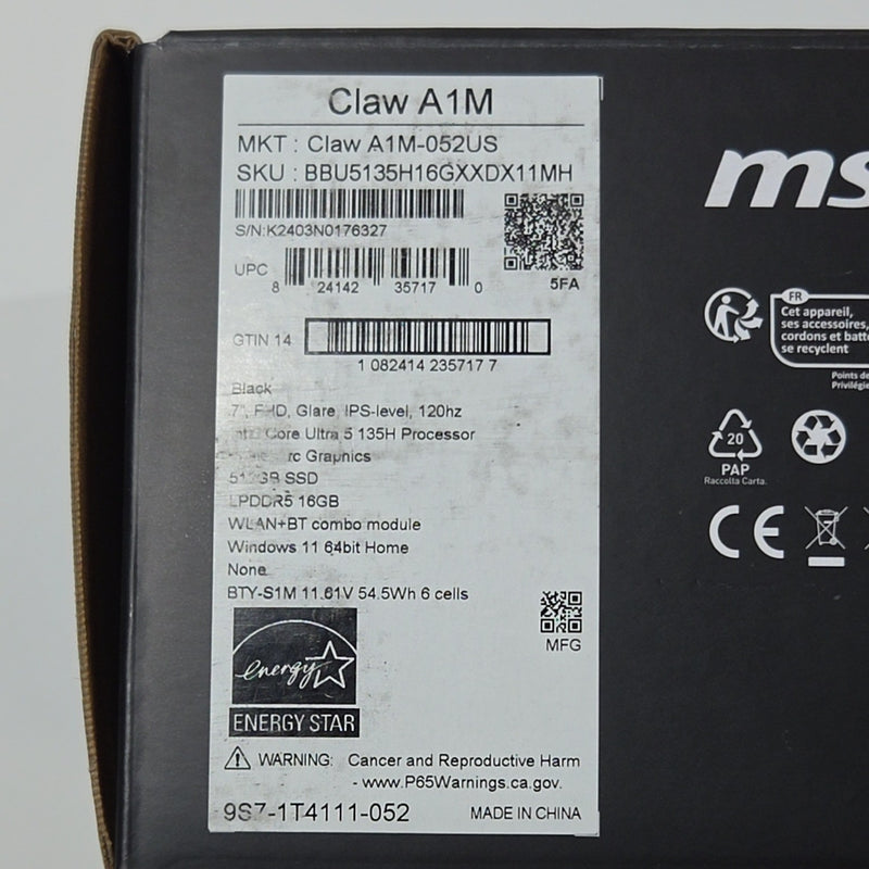MSI Claw 7" Intel Core Ultra 5 135H 16GB RAM 512GB Black MS-IT41