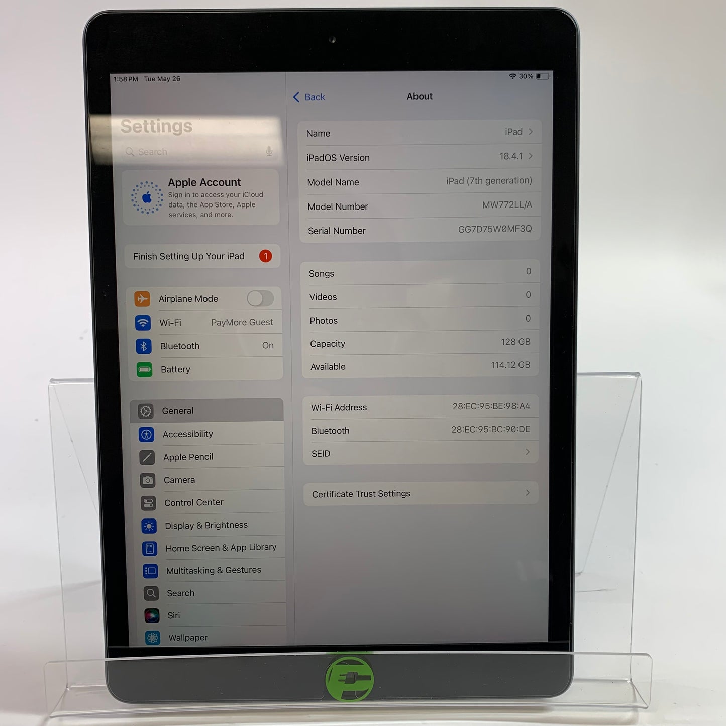 WiFi Only Apple iPad 7th Gen 128GB Silver MW772LL/A