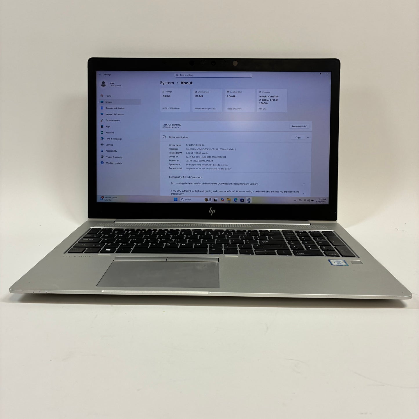 HP EliteBook 850 G6 15" i5-8365U 1.6GHz 8GB RAM 256GB SSD