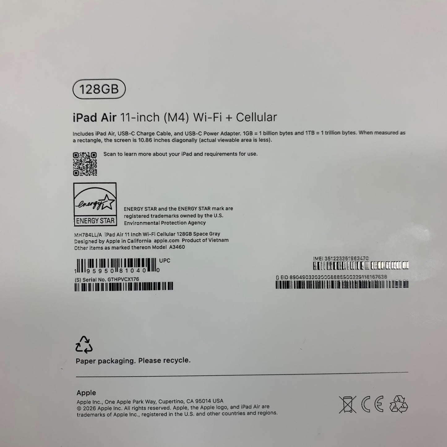 New Unlocked Apple iPad Air 11" M4 128GB Space Gray MH784LL/A