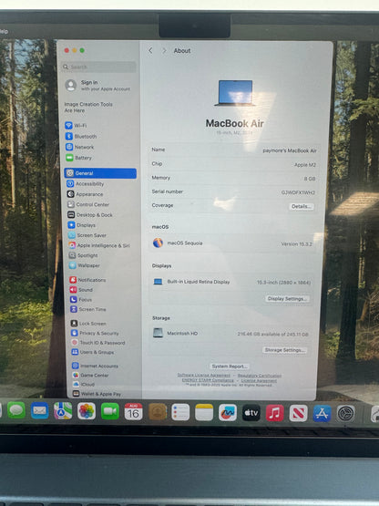 2025 Apple MacBook Air 15" M2 10C GPU 3.5GHz 8GB RAM 256GB SSD A2941