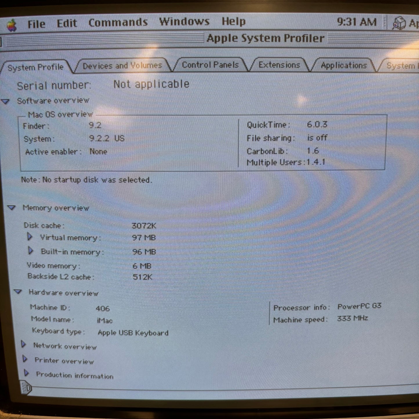 1999 Apple iMac G3 17" PowerPC G3 333MHz 32MB RAM 6GB HDD Black M4984 Blueberry